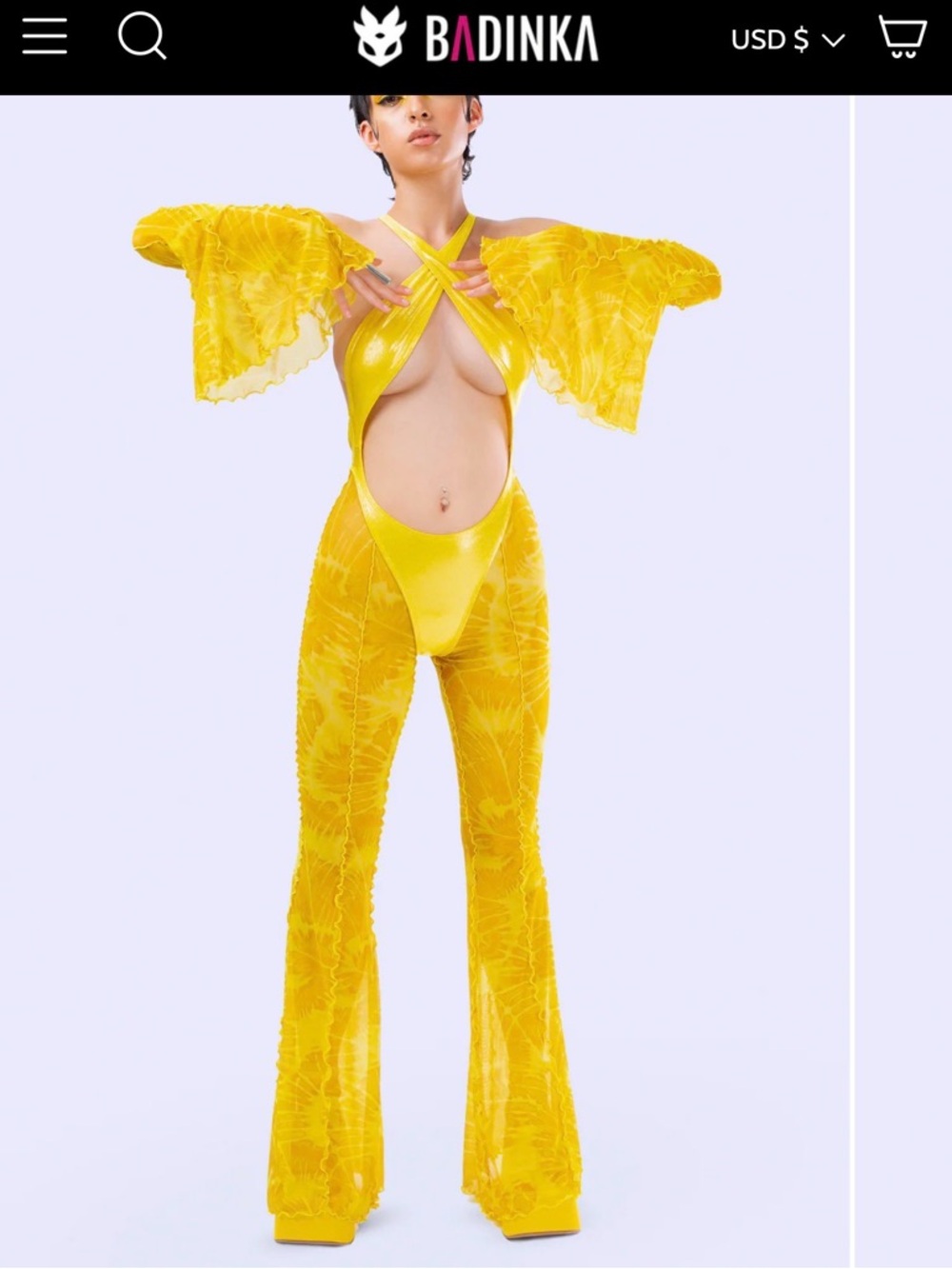 BADINKA Yellow Cutout Mesh Jumpsuit